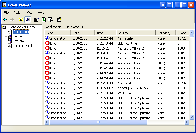 Windows XP Event Viewer