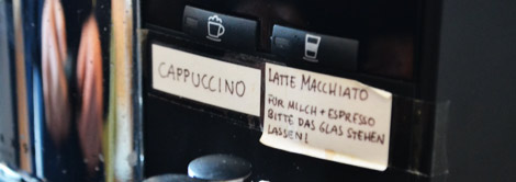 Annotated coffee machine at the Good School, Hamburg